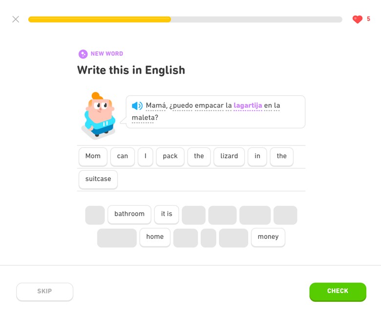 A Duolingo exercise where the user picks the correct words from a word bank to complete a sentence translation.
