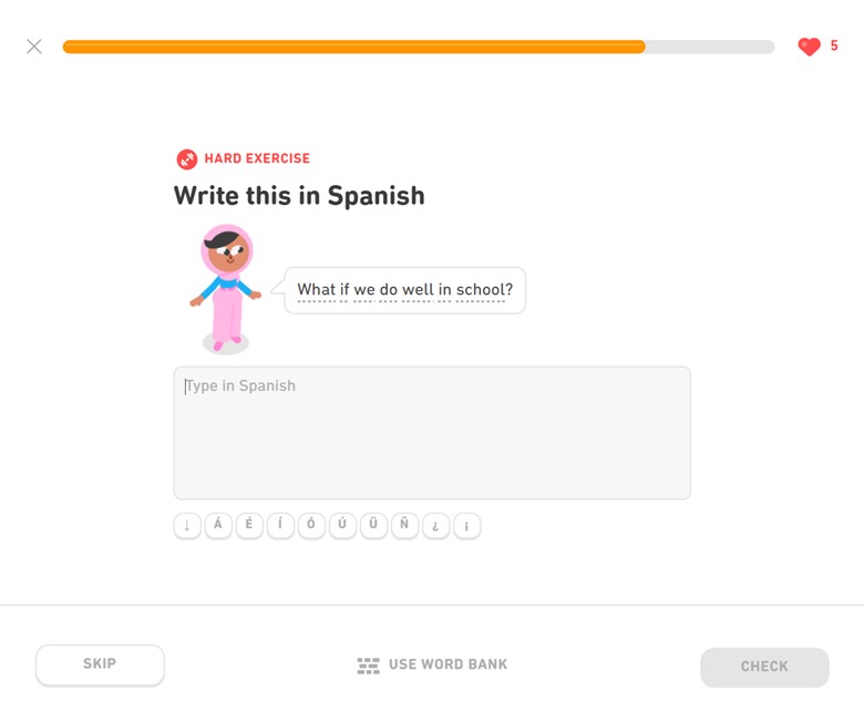 A writing exercise on Duolingo that asks the user to write the translation for a sentence. 